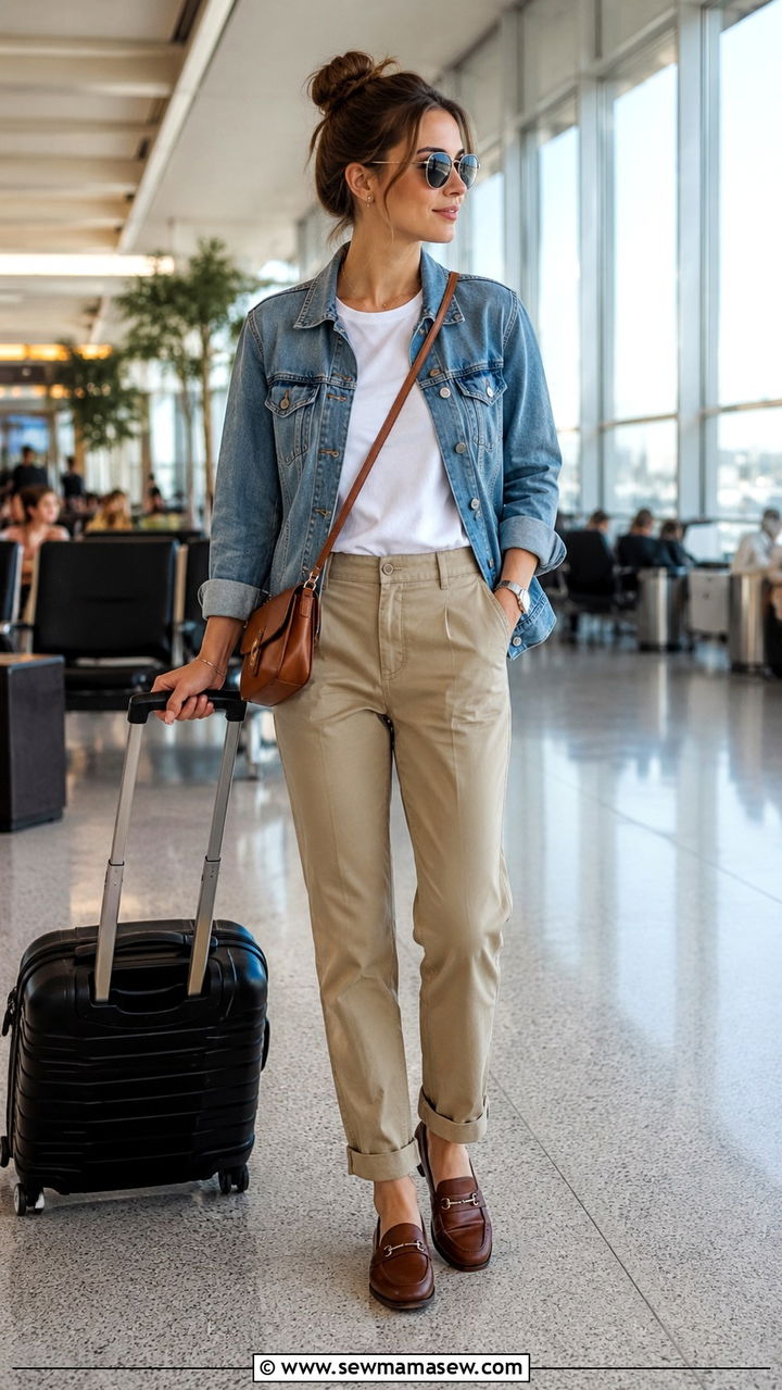 Chino Pants with Denim Jacket and Loafers - 25 Airport outfit ideas for international flight summer