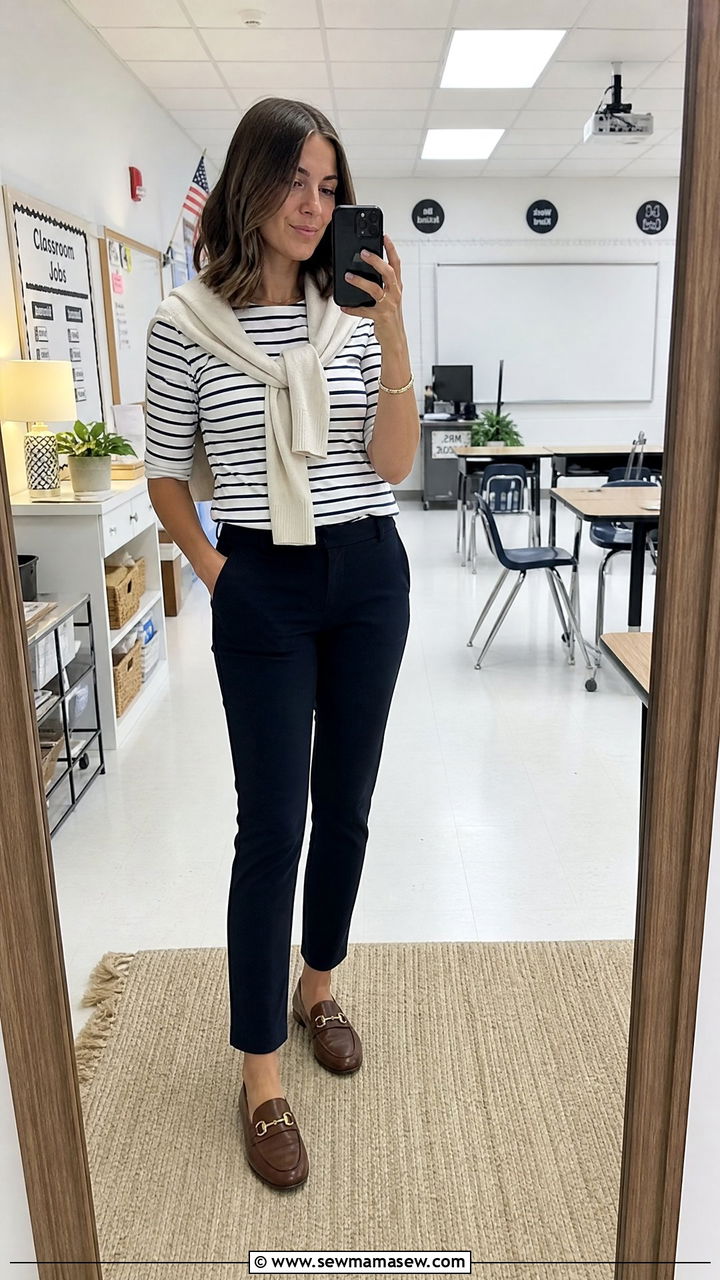 Chinos and striped tee teacher outfit - 30 Elementary teacher outfit ideas