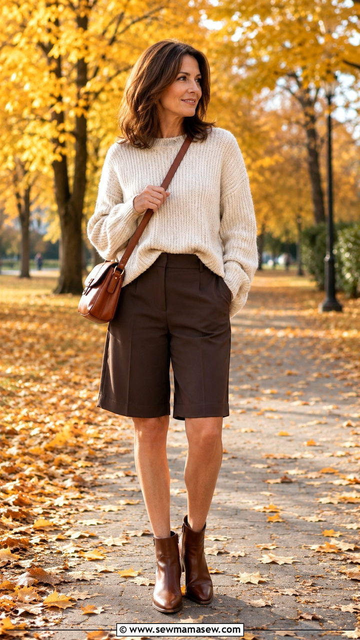 Chocolate Brown Bermuda Shorts With an Oversized Knit Sweater - 25 bermuda shorts outfits for women over 40