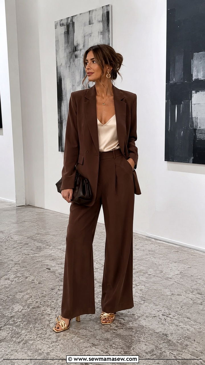 Chocolate Brown Blazer And Trousers Outfit - 20 Chocolate brown wedding guest dress outfit ideas