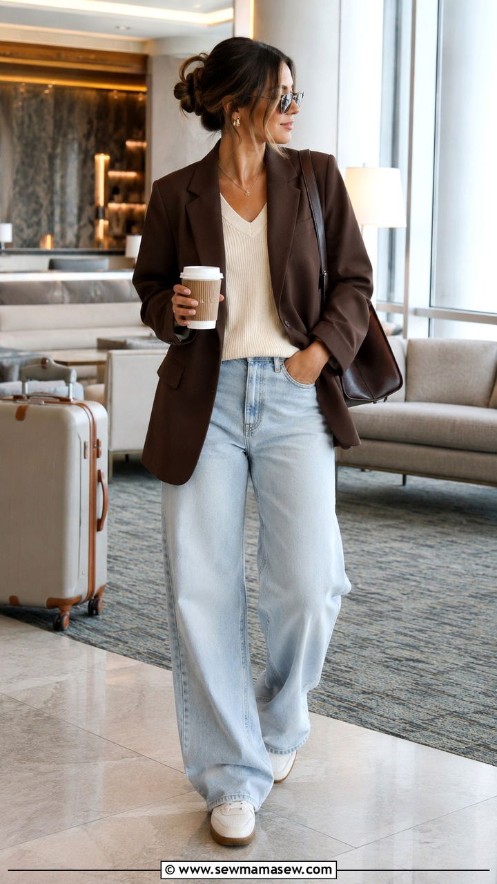 Chocolate Brown Blazer With Baggy Light Wash Jeans - 30 Tailored blazer outfit ideas with jeans