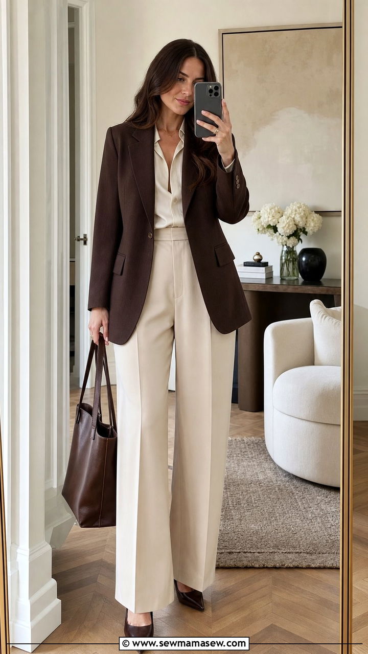 Chocolate Brown Blazer With Cream Trousers - 35 brown outfit ideas for women