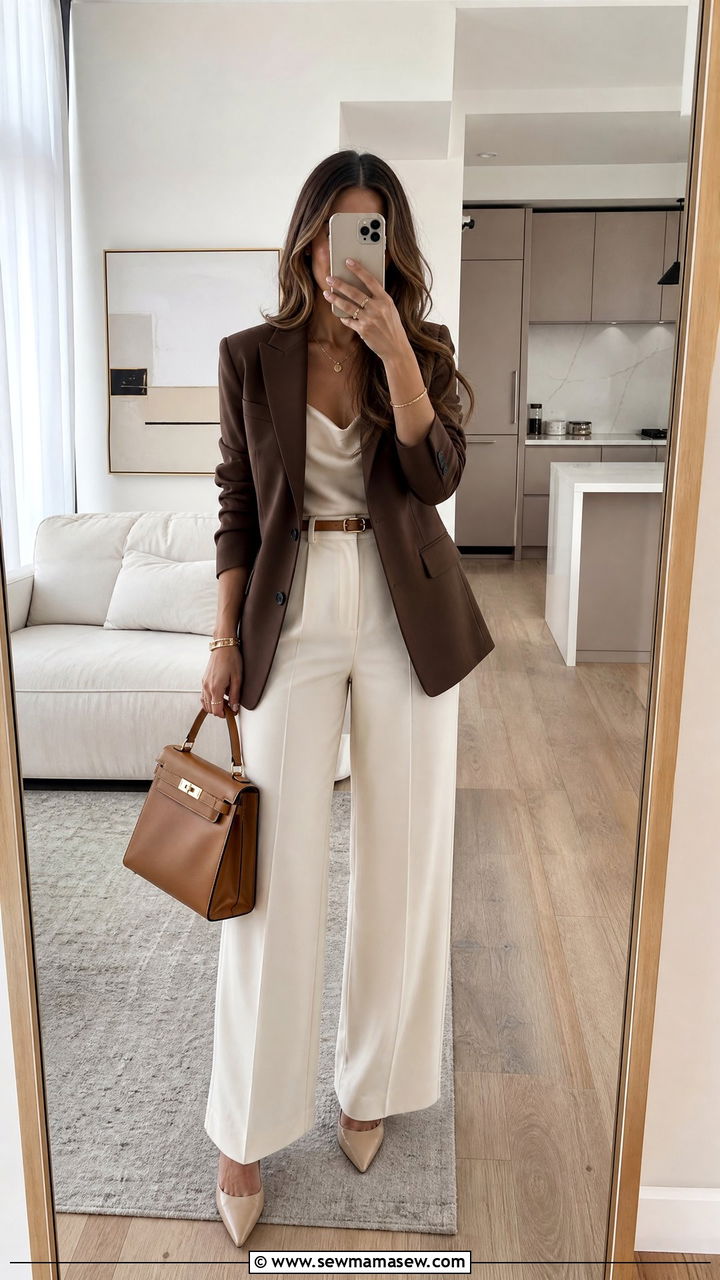 Chocolate Brown Blazer with Cream Trousers - 25 Chocolate brown outfit ideas 2026
