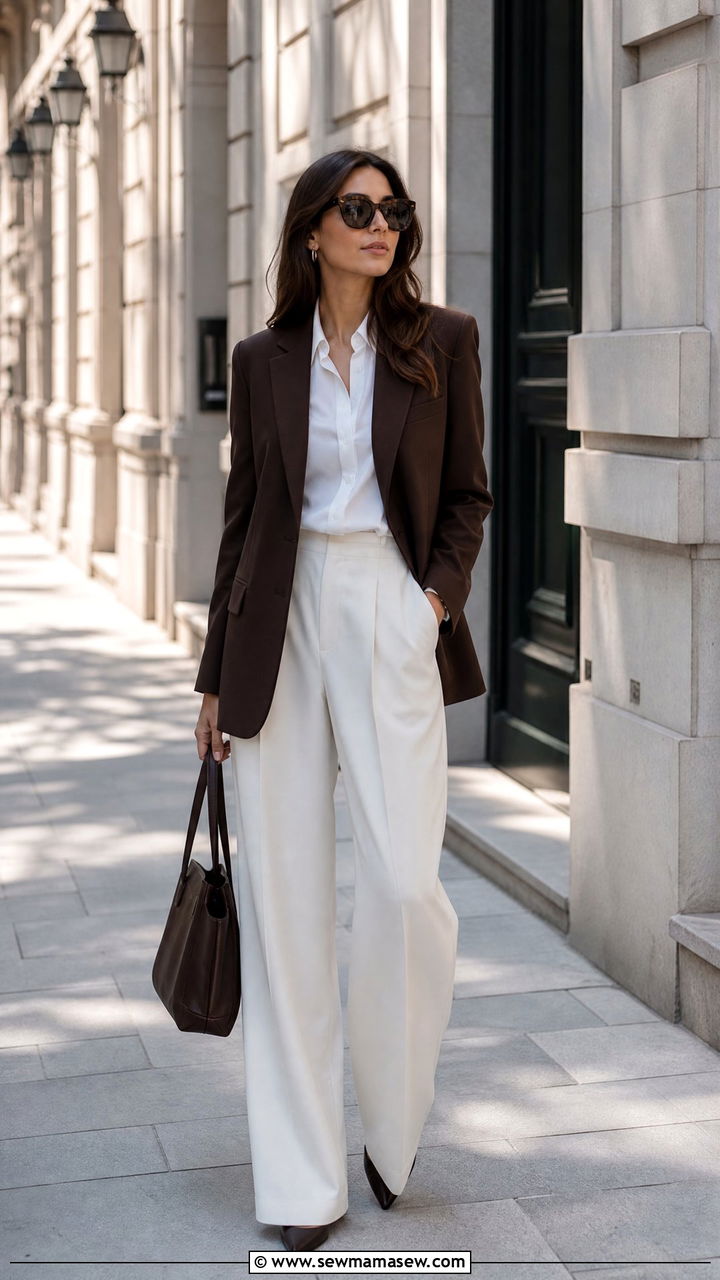 Chocolate Brown Blazer with White Button Down and Crisp White Wide Leg Pants - 40 Parisian outfit ideas
