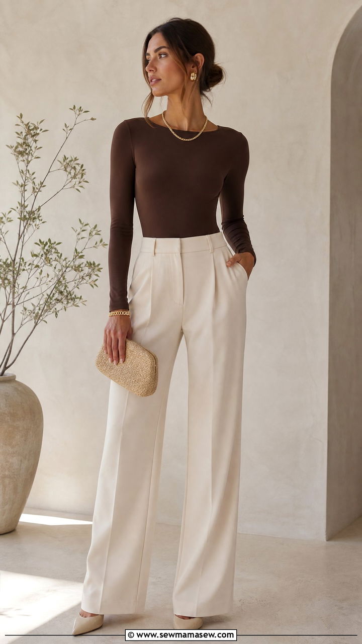 Chocolate Brown Bodysuit and Cream Trousers Outfit - 25 classy clean girl outfit ideas