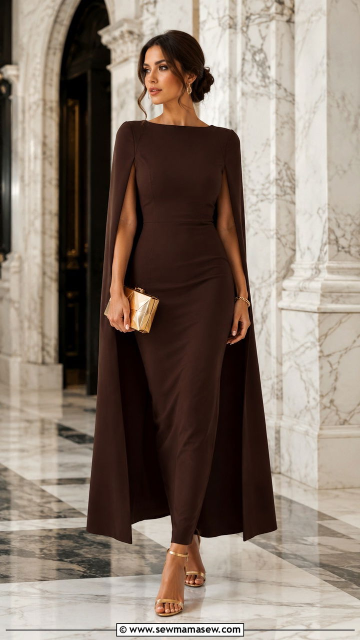 Chocolate Brown Cape Dress Outfit - 20 Chocolate brown wedding guest dress outfit ideas