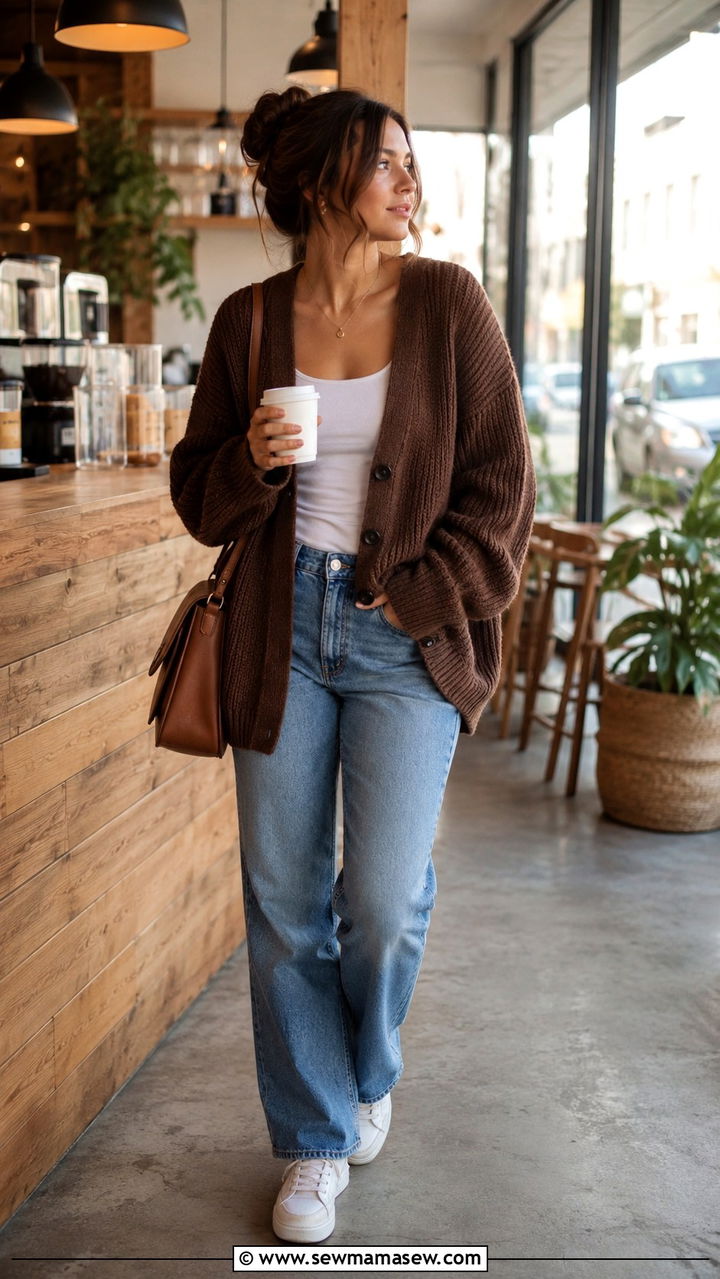 Chocolate Brown Cardigan With Jeans - 30 Chocolate brown outfit ideas