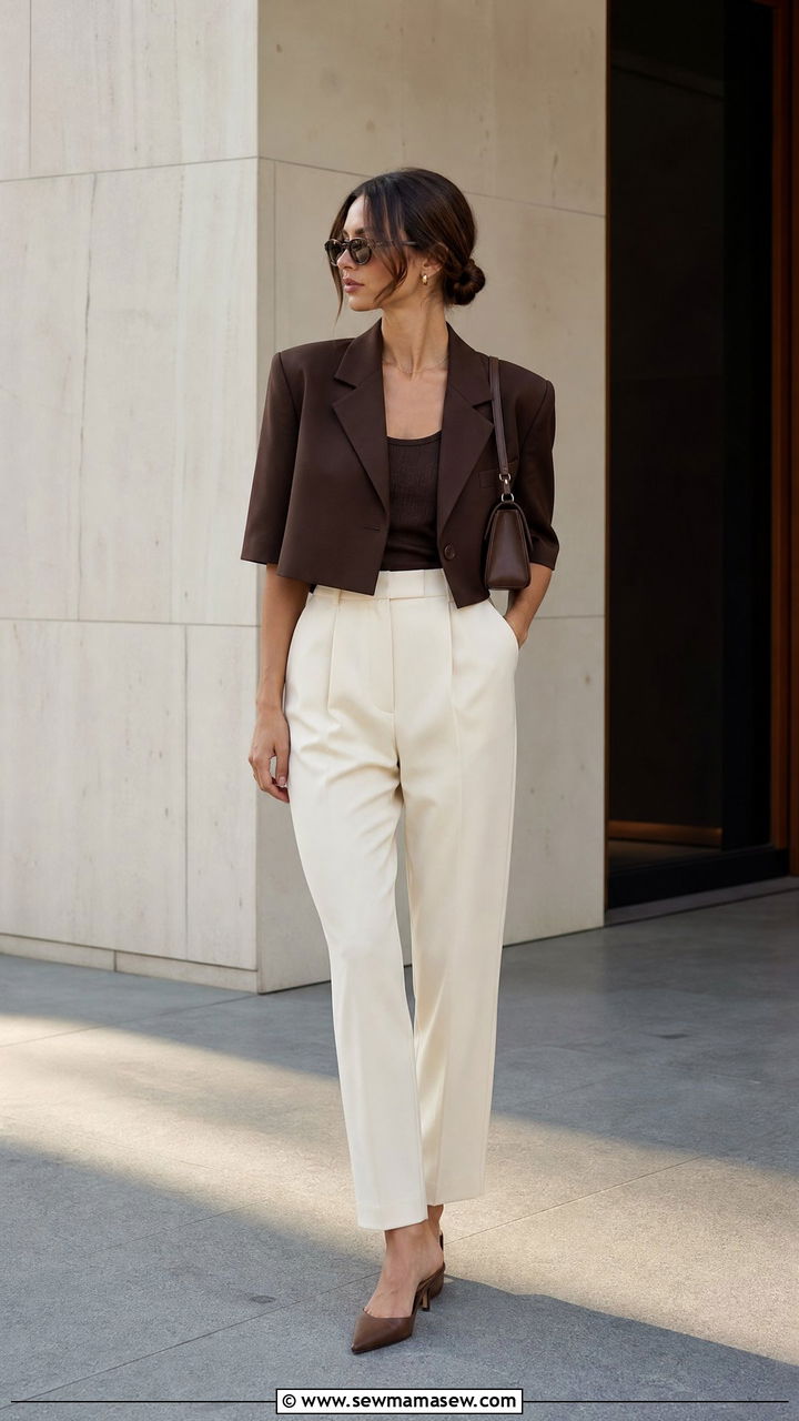 Chocolate Brown Cropped Jacket with High Waisted Trousers - 25 Chocolate brown outfit ideas 2026