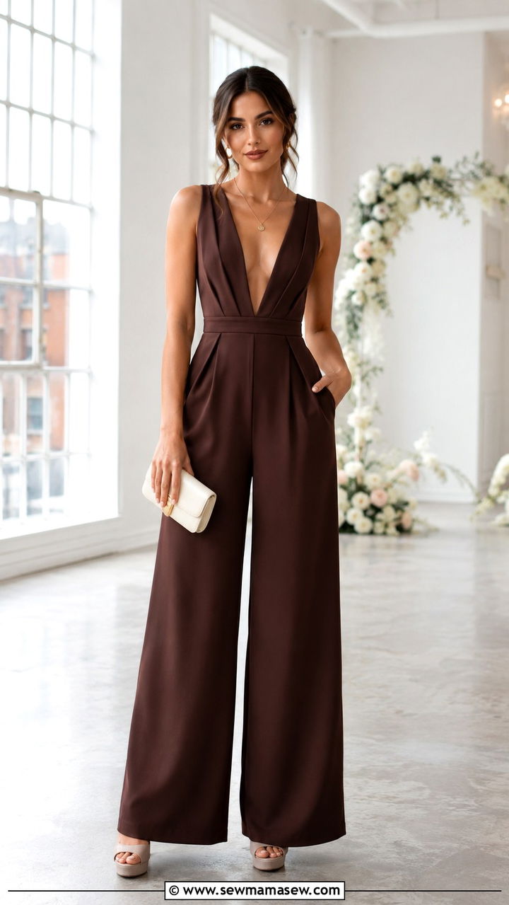 Chocolate Brown Deep V Neck Jumpsuit With Platform Heels - 25 Wedding guest outfit ideas chocolate brown dress