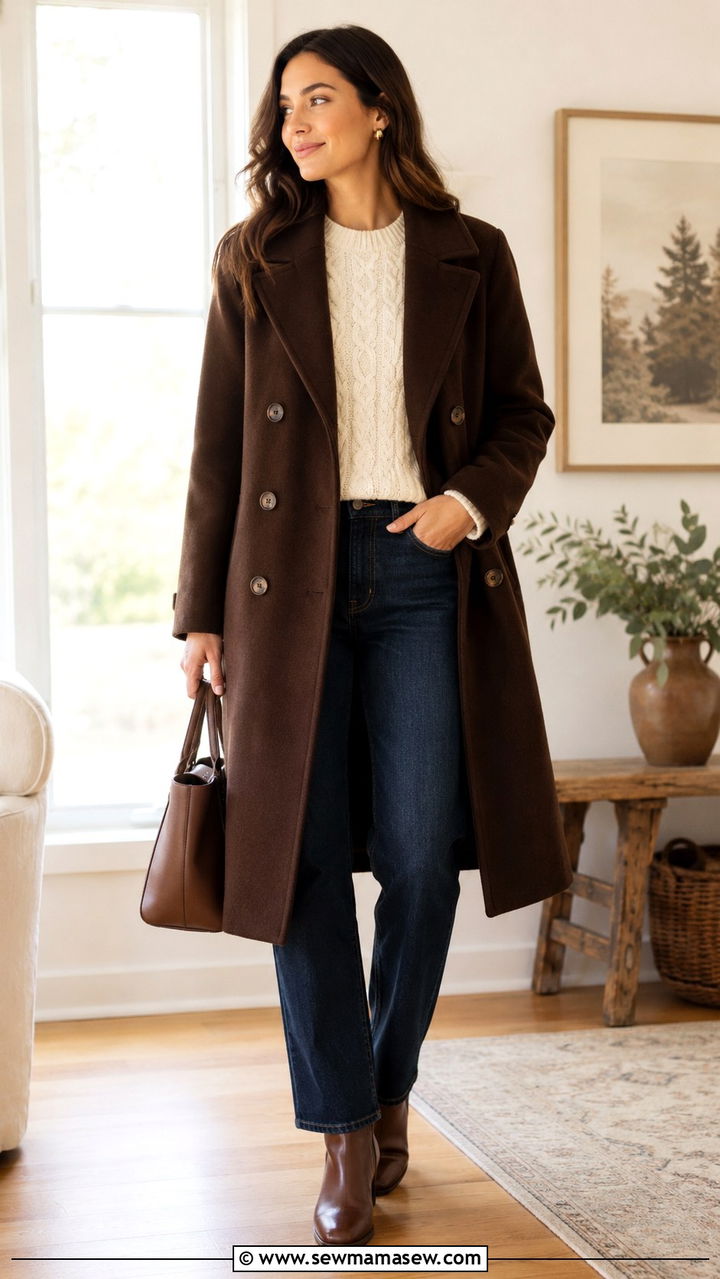 Chocolate Brown Double Breasted Coat with Cream Sweater and Dark Denim - 30 Double breasted coat outfit ideas