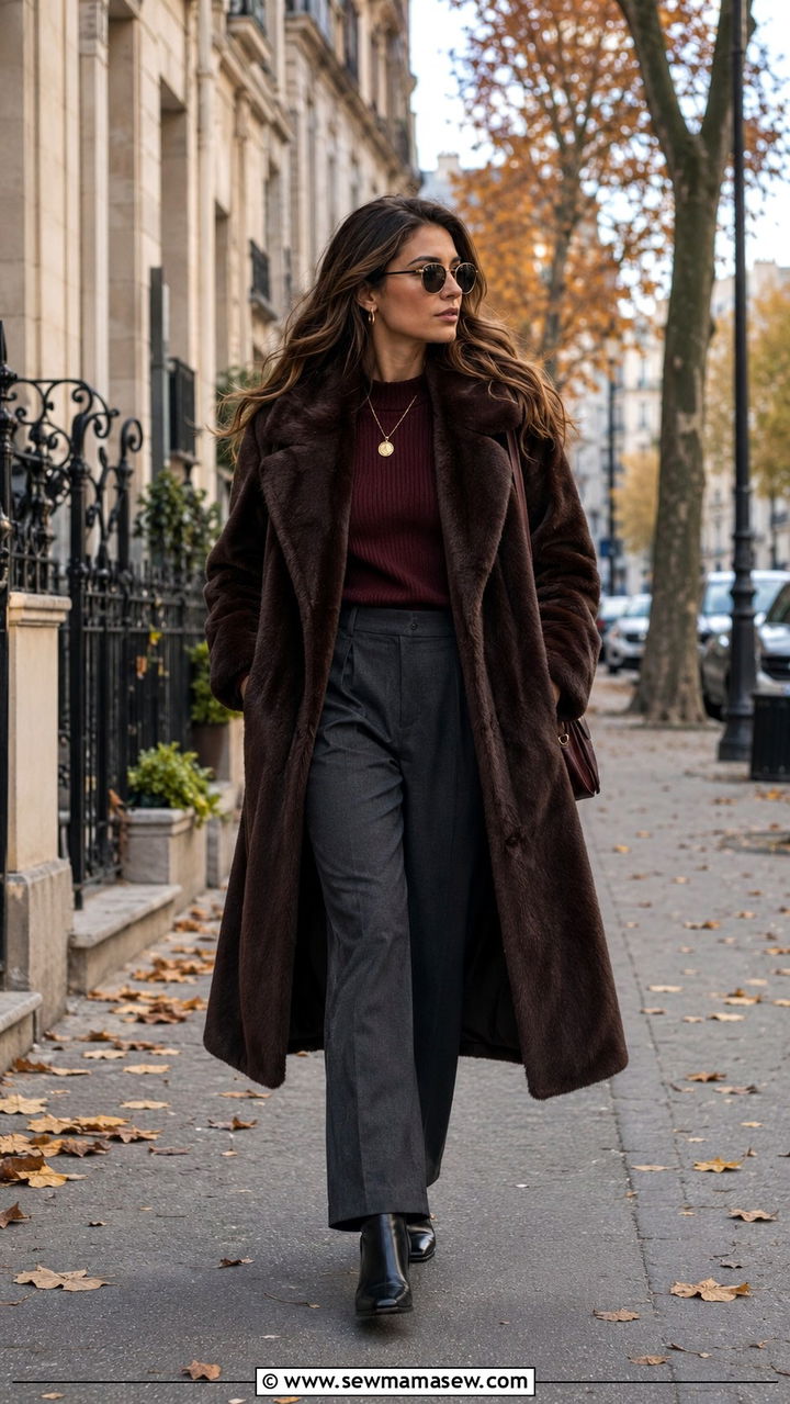 Chocolate Brown Faux Fur Coat With Charcoal Trousers And Burgundy Knit - 30 Mob wife outfits 2026