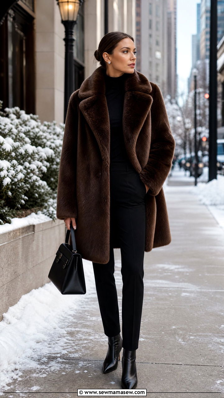Chocolate Brown Faux Fur Coat with Black Trousers - 25 Chocolate brown outfit ideas 2026