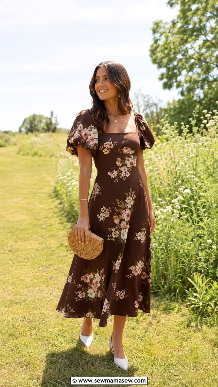 Chocolate Brown Floral Print Dress Outfit - 20 Chocolate brown wedding guest dress outfit ideas