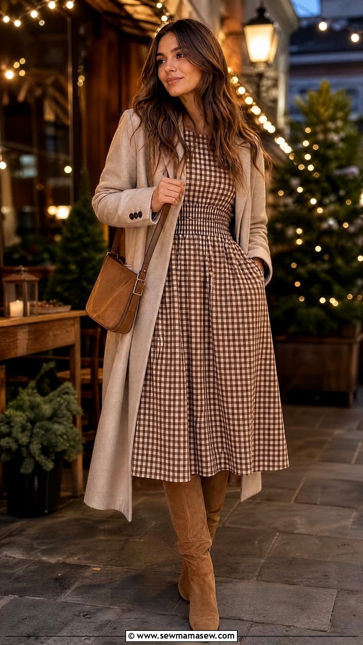 Chocolate Brown Gingham Midi Dress With Suede Boots - 30 Gingham dress outfit ideas