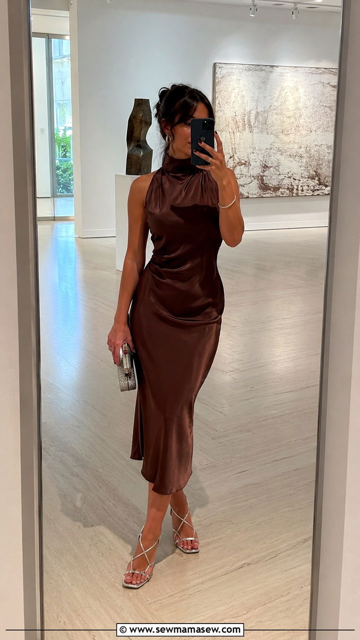 Chocolate Brown High Neck Satin Midi Dress With Silver Accessories - 25 Wedding guest outfit ideas chocolate brown dress