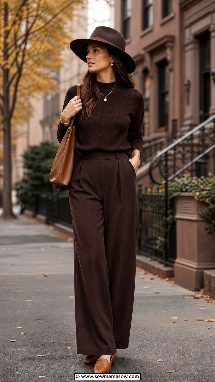 Chocolate Brown Knit Set With Wide Brim Felt Hat - 25 Old money outfit ideas with wide brim hat