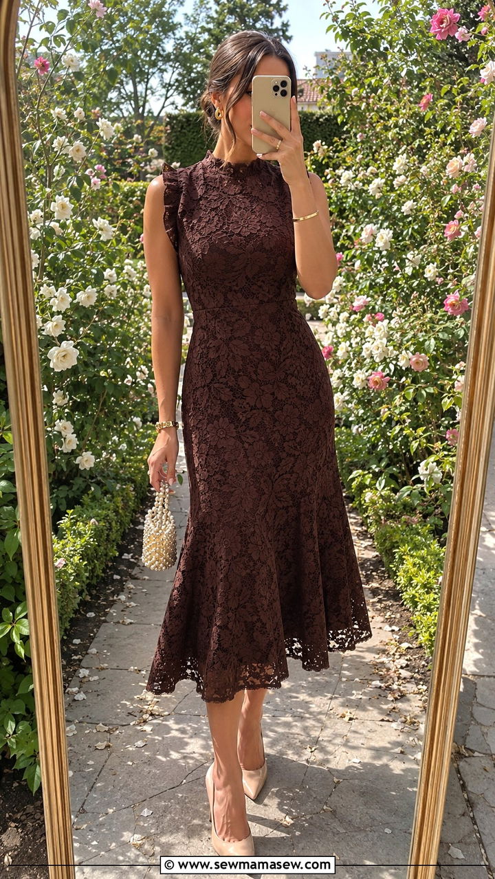 Chocolate Brown Lace Midi Dress Outfit - 20 Chocolate brown wedding guest dress outfit ideas