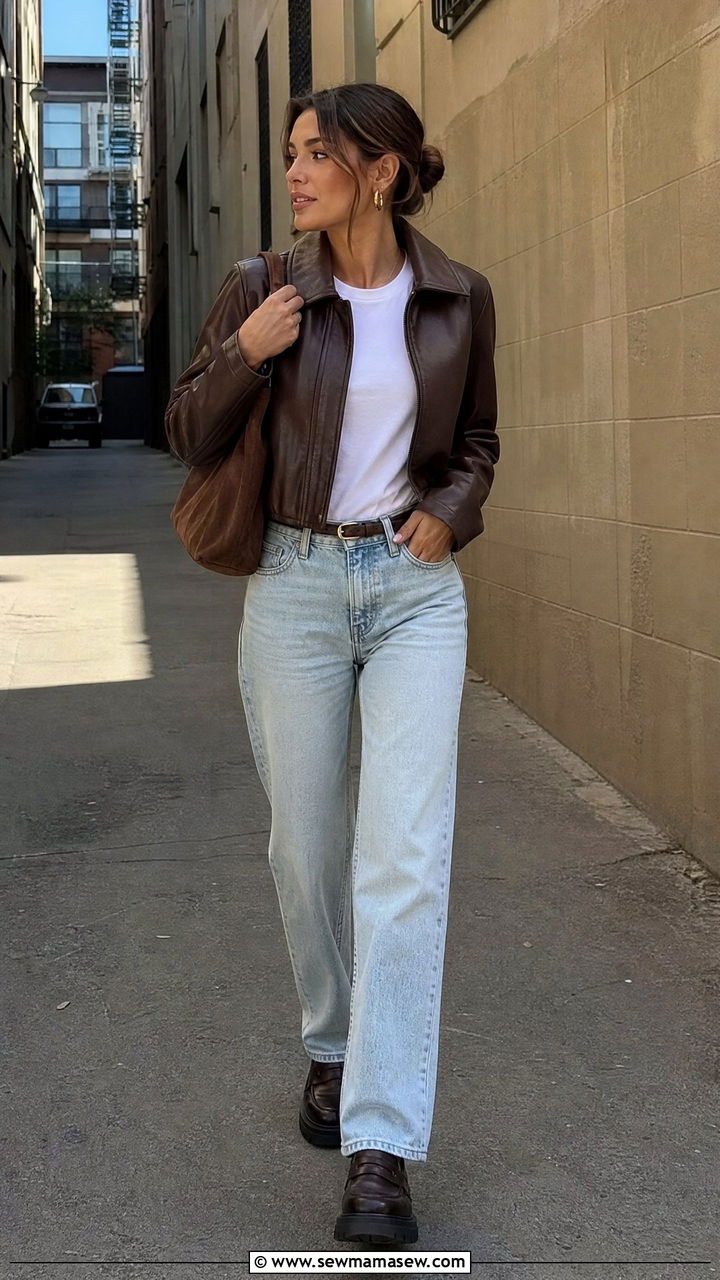 Chocolate Brown Leather Jacket with Light Wash Jeans - 25 Chocolate brown outfit ideas 2026