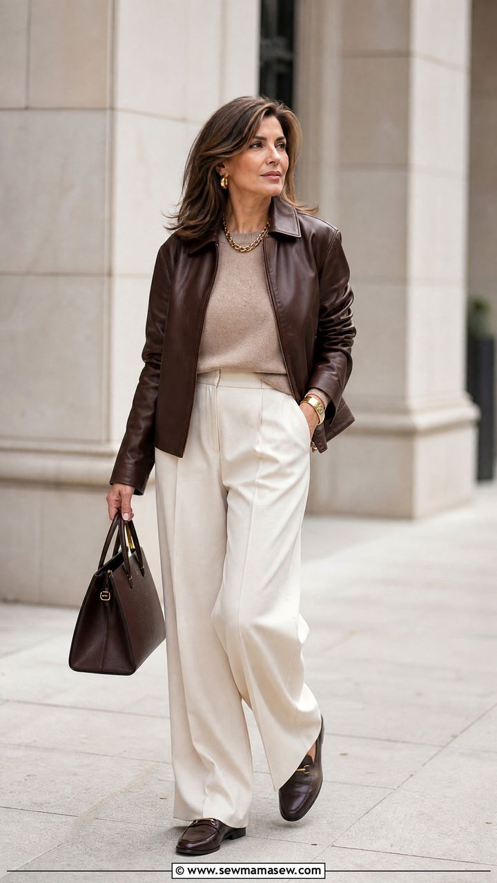 Chocolate Brown Leather Jacket with Monochrome Neutrals - 30 leather jacket outfits for women over 40