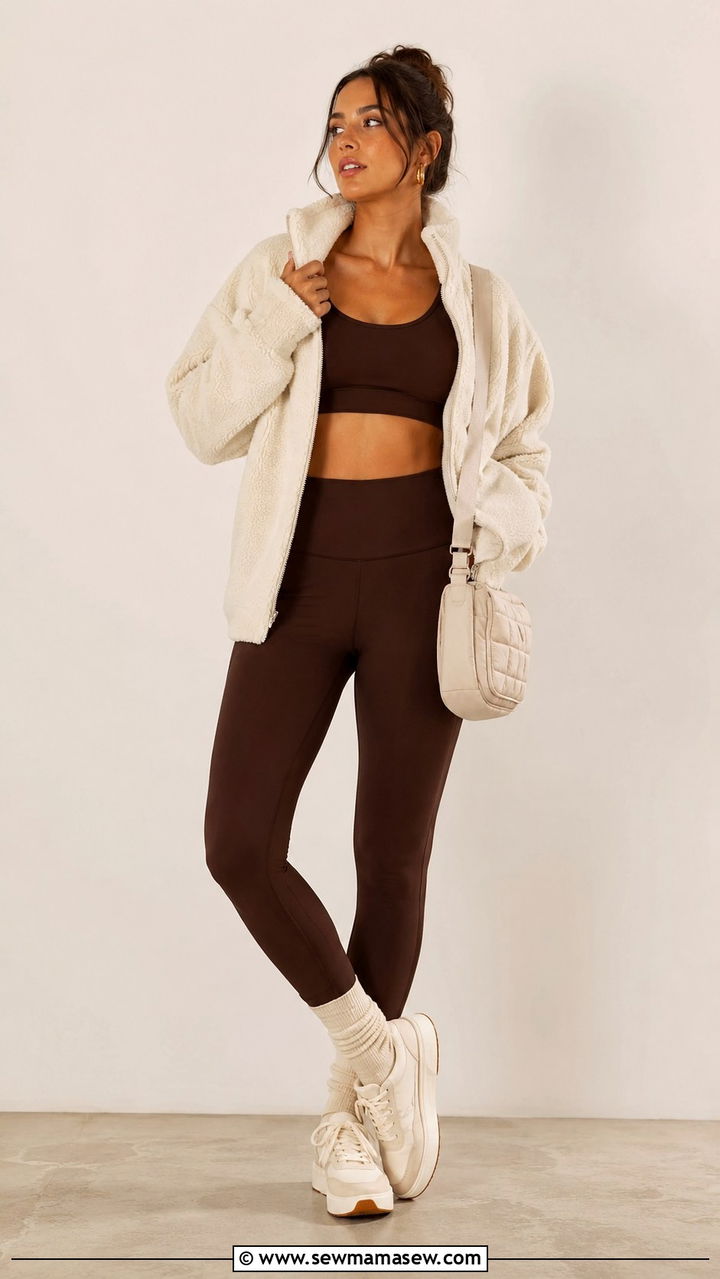 Chocolate Brown Matching Set with Sherpa Jacket - 25 Pilates aesthetic outfit ideas