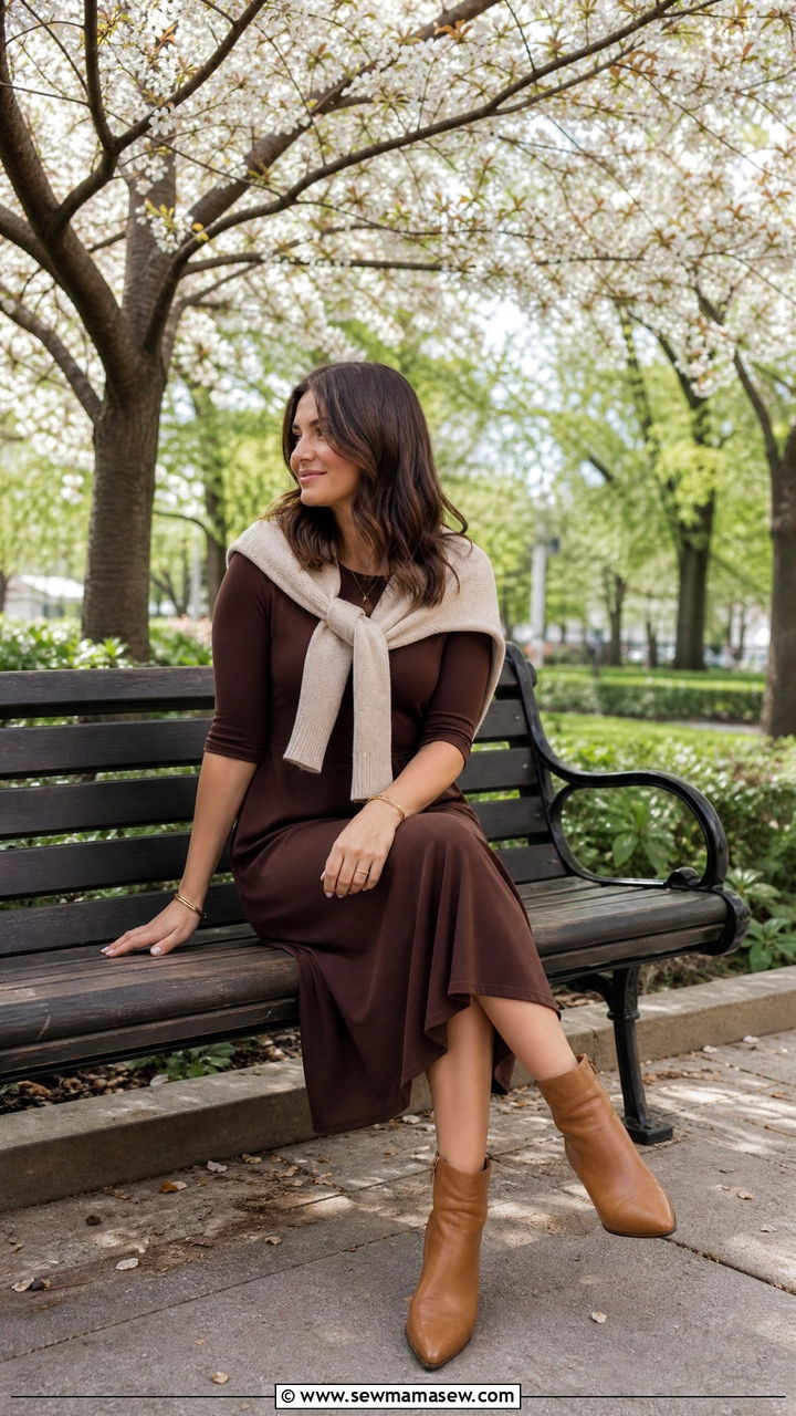 Chocolate Brown Midi Dress With Shoulder Sweater Outfit - 30 Dark academia spring outfits
