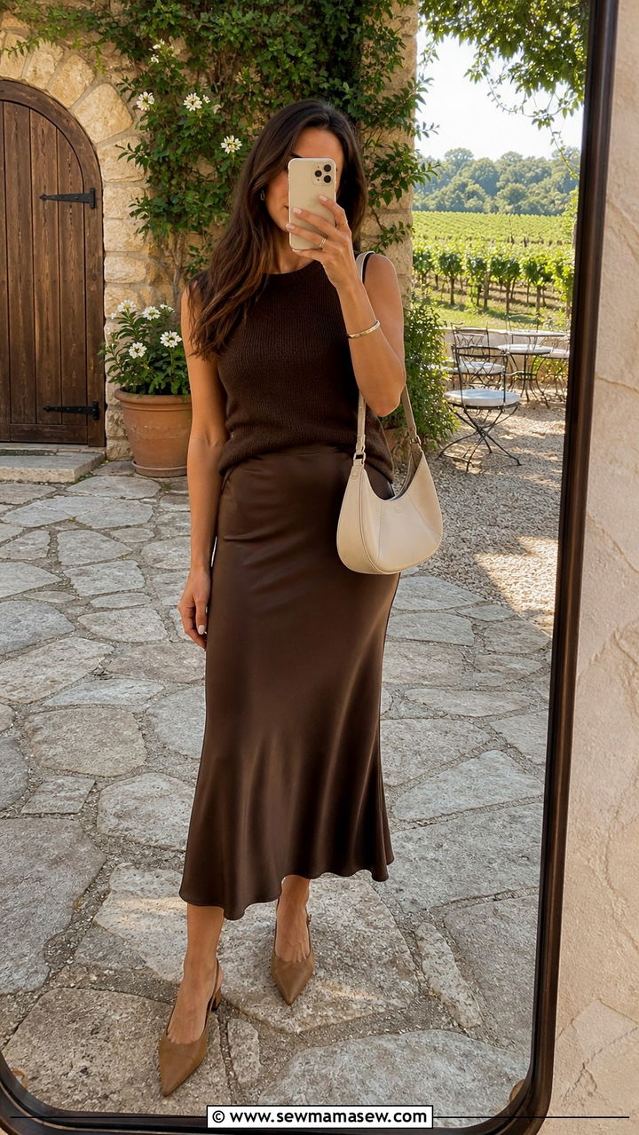 Chocolate Brown Midi Slip Skirt And Top Outfit - 20 Chocolate brown wedding guest dress outfit ideas