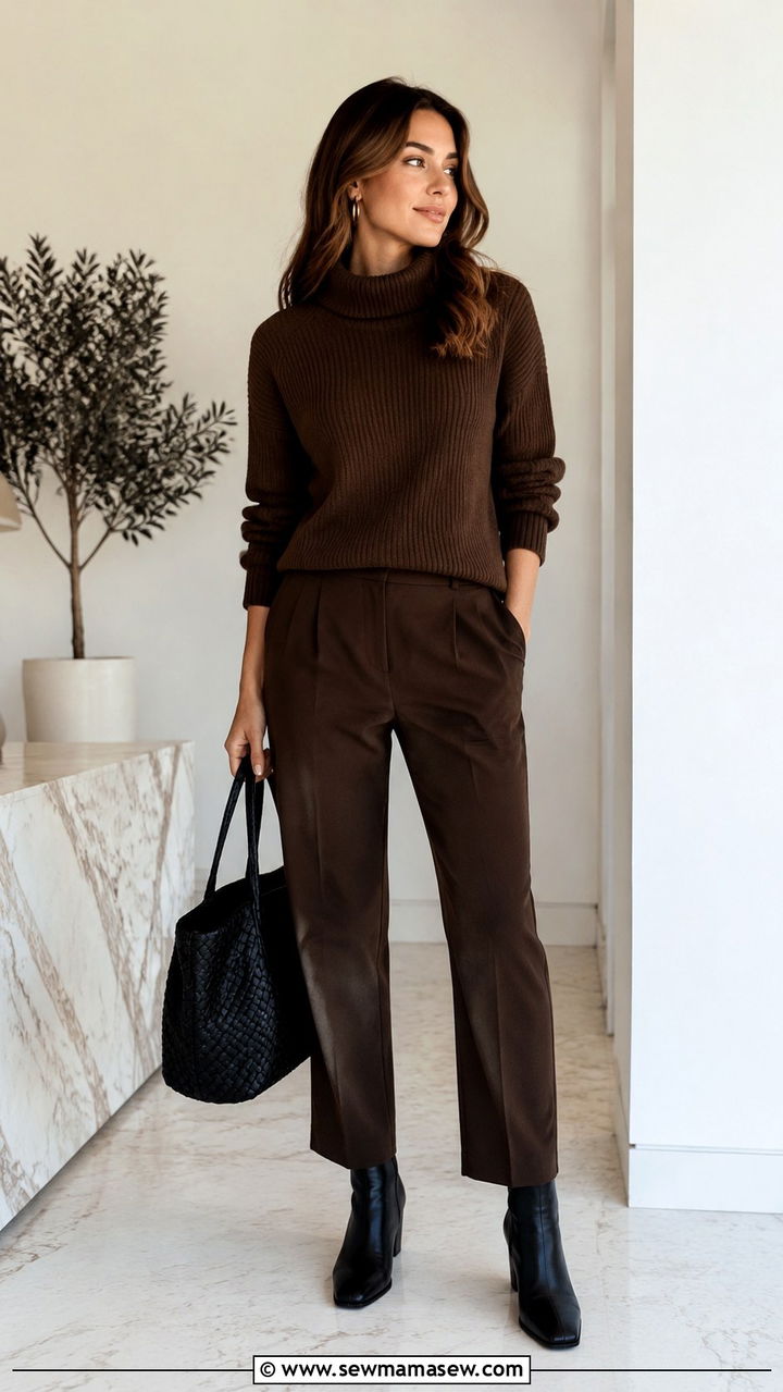 Chocolate Brown Monochrome Knit and Tailored Trousers - 30 Spring outfits in neutral