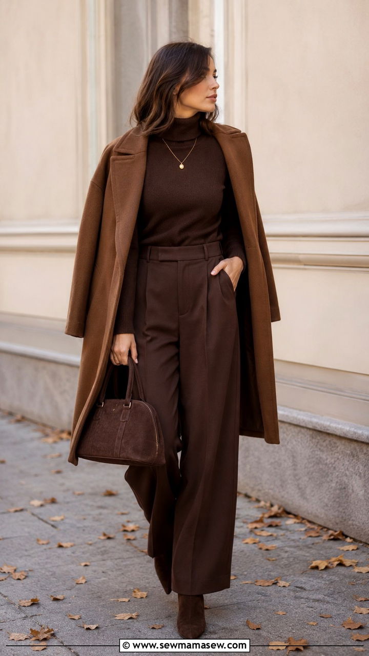 Chocolate Brown Monochrome Turtleneck and Wide Leg Trousers - 30 quiet luxury outfits aesthetic