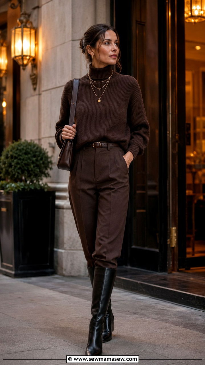 Chocolate Brown Monochrome With Knee High Boots And Gold Jewelry - 25 Old money outfit ideas with gold jewelry