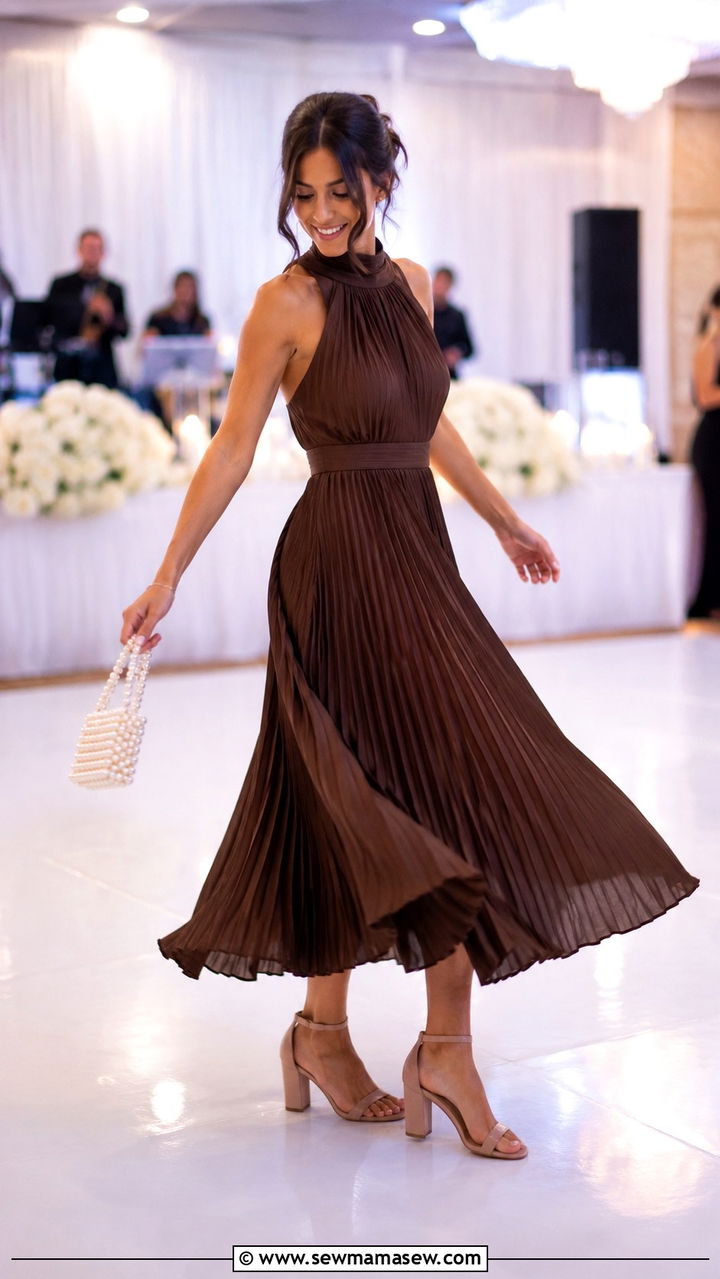 Chocolate Brown Pleated Midi Dress Outfit - 20 Chocolate brown wedding guest dress outfit ideas