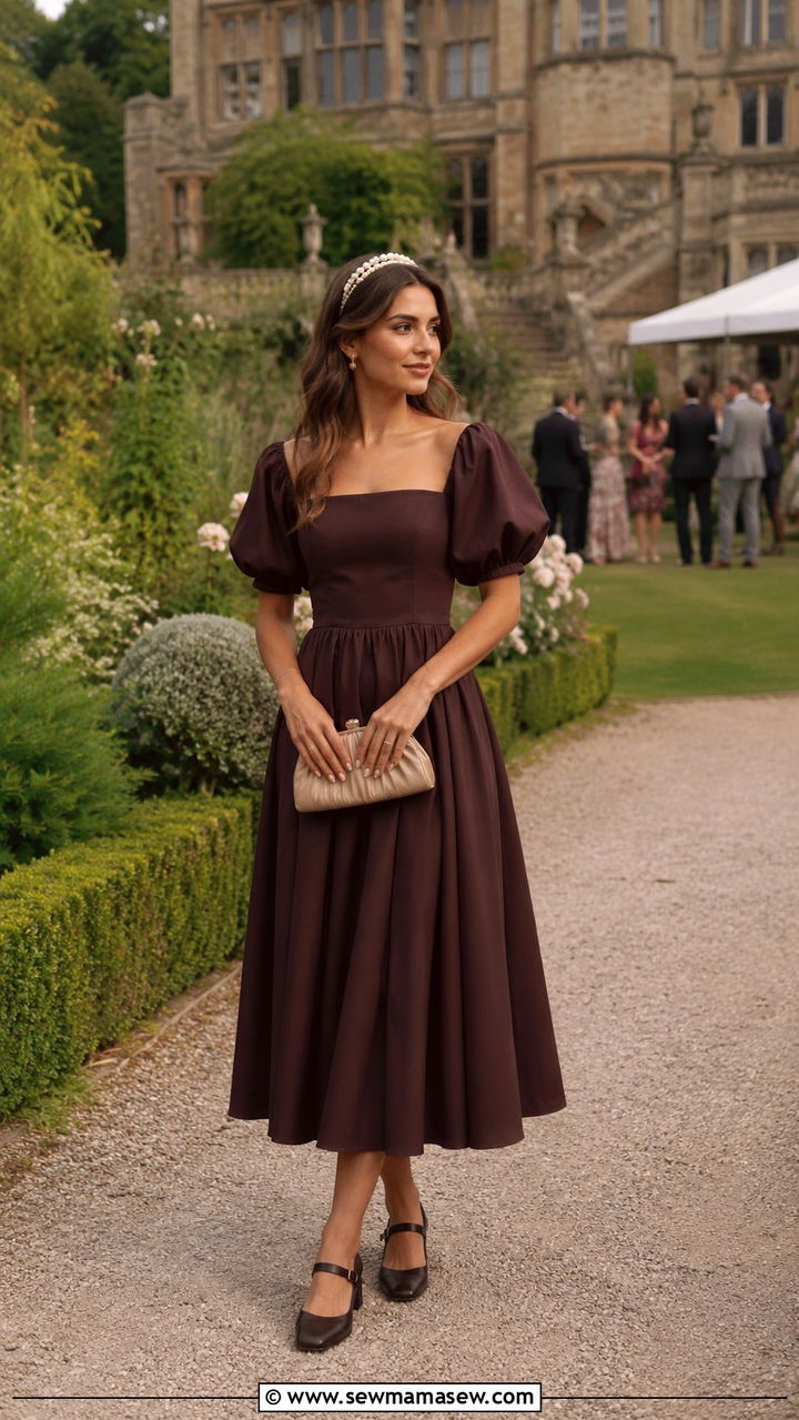 Chocolate Brown Puff Sleeve Midi Dress With Mary Jane Heels - 25 Wedding guest outfit ideas chocolate brown dress