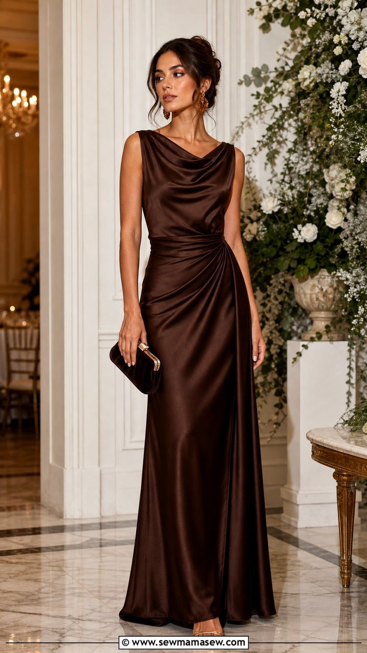 Chocolate Brown Satin Gown Wedding Guest - 40 classy wedding guest outfit ideas