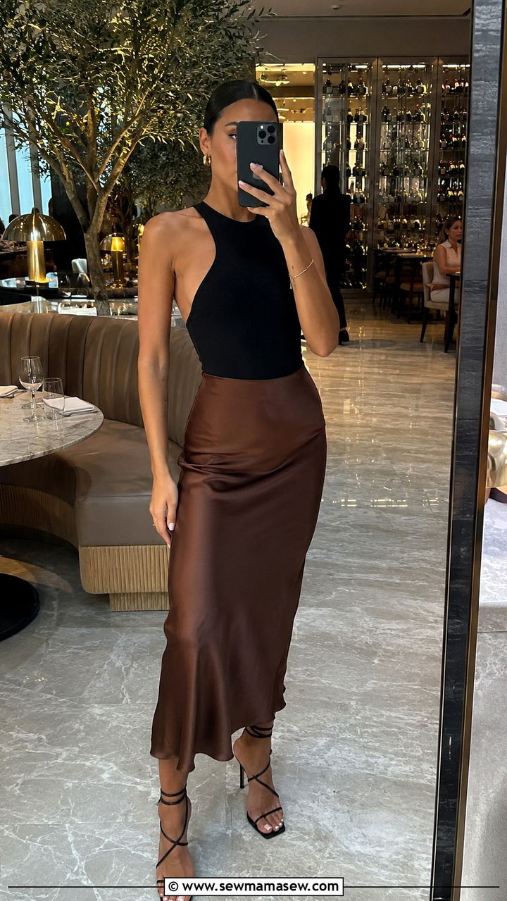 Chocolate Brown Satin Midi Skirt With Bodysuit and Strappy Heels - 30 Satin midi skirt outfit ideas