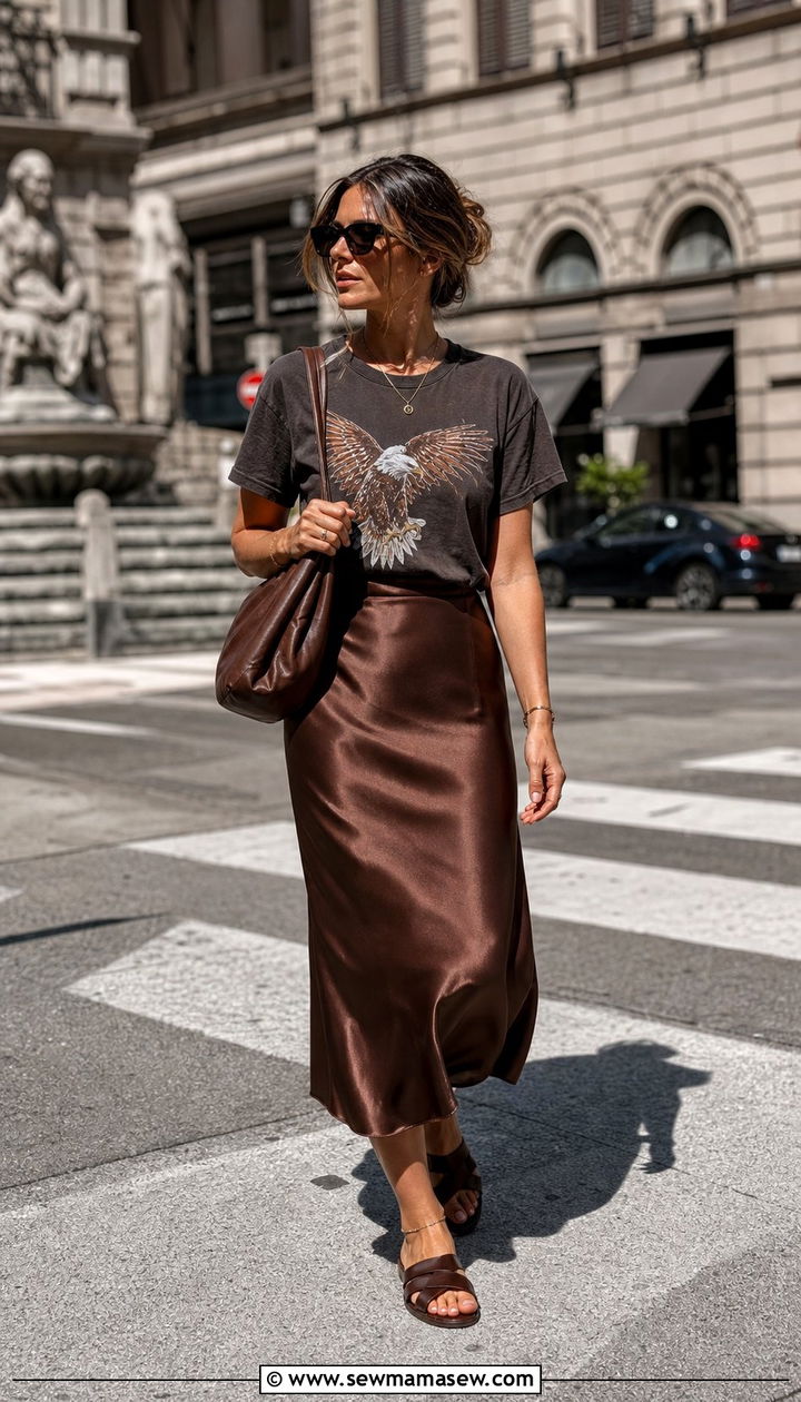 Chocolate Brown Satin Midi Skirt With Graphic Tee - 25 summer chocolate brown outfit ideas