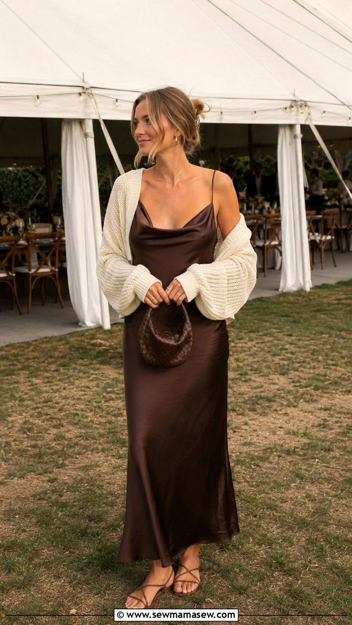 Chocolate Brown Slip Dress And Sandals - 30 Tent wedding guest outfit ideas
