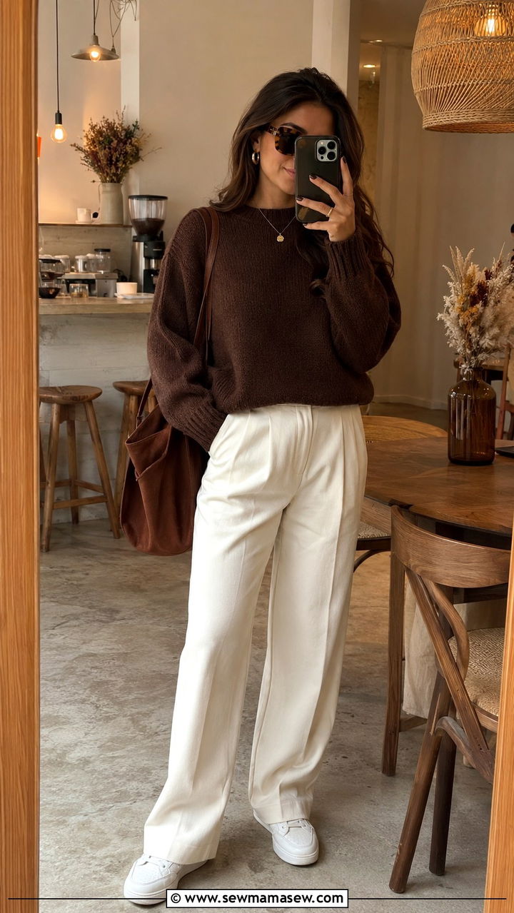 Chocolate Brown Sweater With Ecru Wide Leg Trousers And Sneakers - 30 casual clean girl outfits