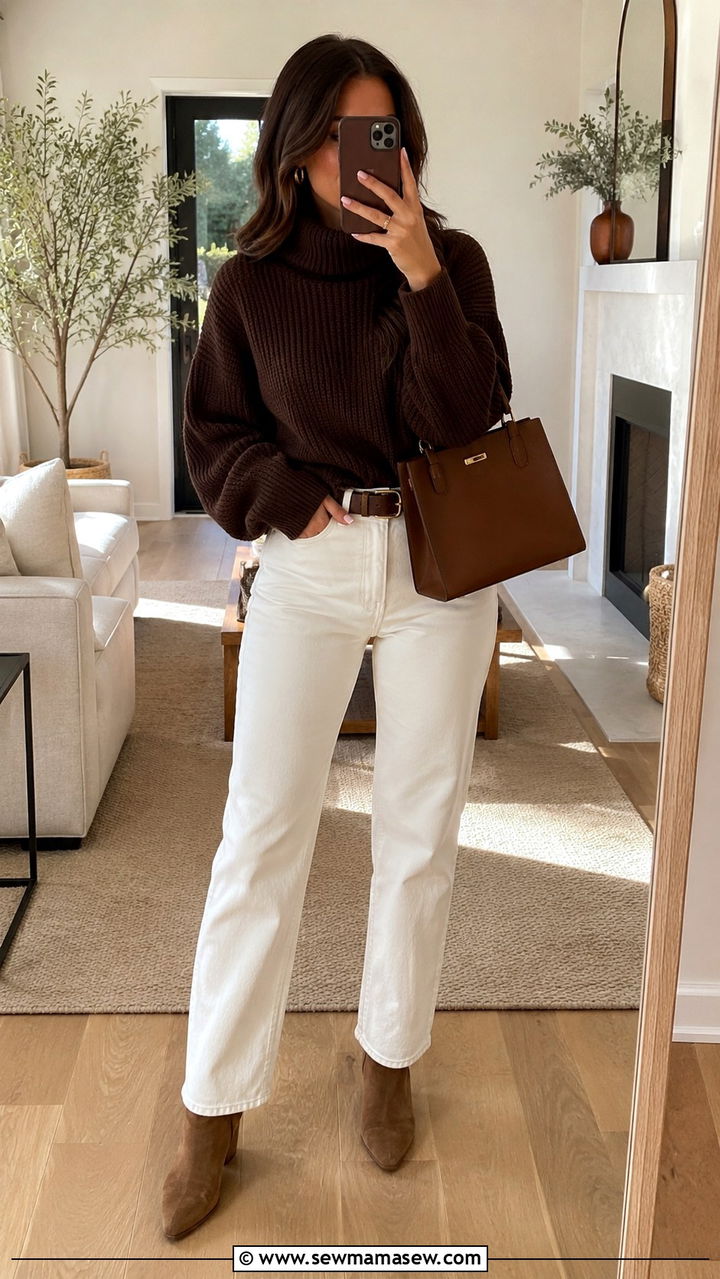 Chocolate Brown Sweater With White Jeans - 30 Chocolate brown outfit ideas