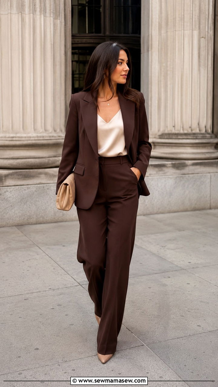 Chocolate Brown Tailored Blazer And Trousers With Silk Camisole - 25 Wedding guest outfit ideas chocolate brown dress