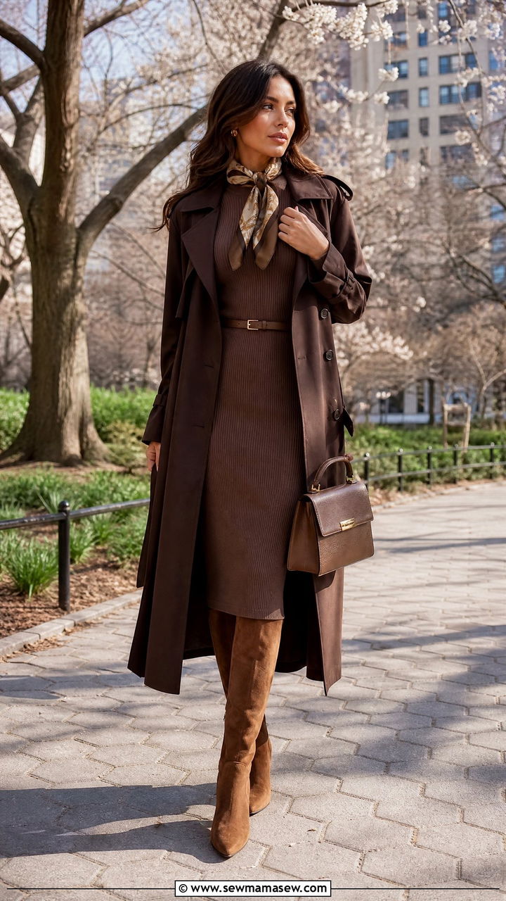 Chocolate Brown Trench Coat with Knit Dress - 25 Chocolate brown outfit ideas 2026