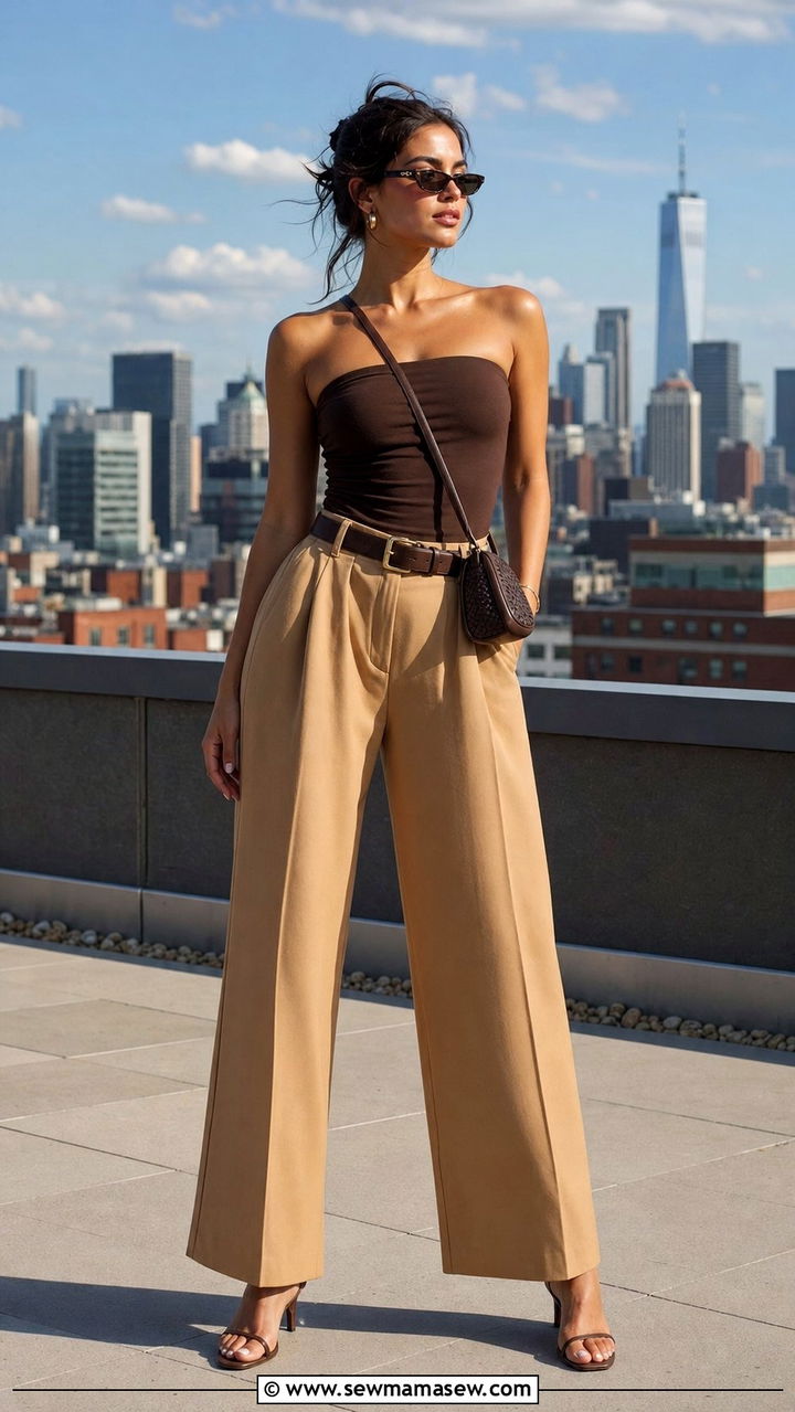 Chocolate Brown Tube Top With Tailored Trousers - 25 summer chocolate brown outfit ideas