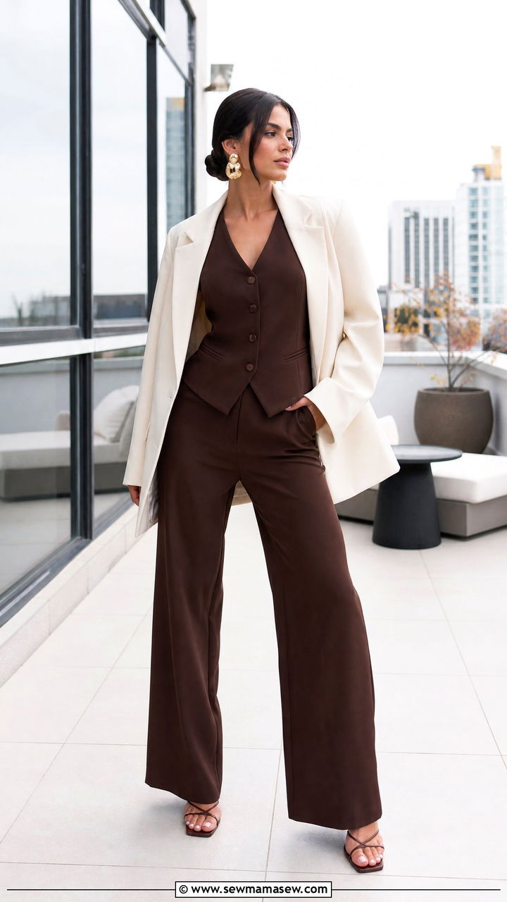 Chocolate Brown Vest with Wide Leg Trousers - 25 Chocolate brown outfit ideas 2026
