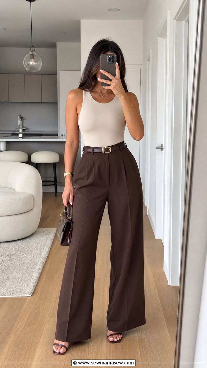 Chocolate Brown Wide Leg Trousers with Bodysuit - 25 Chocolate brown outfit ideas 2026