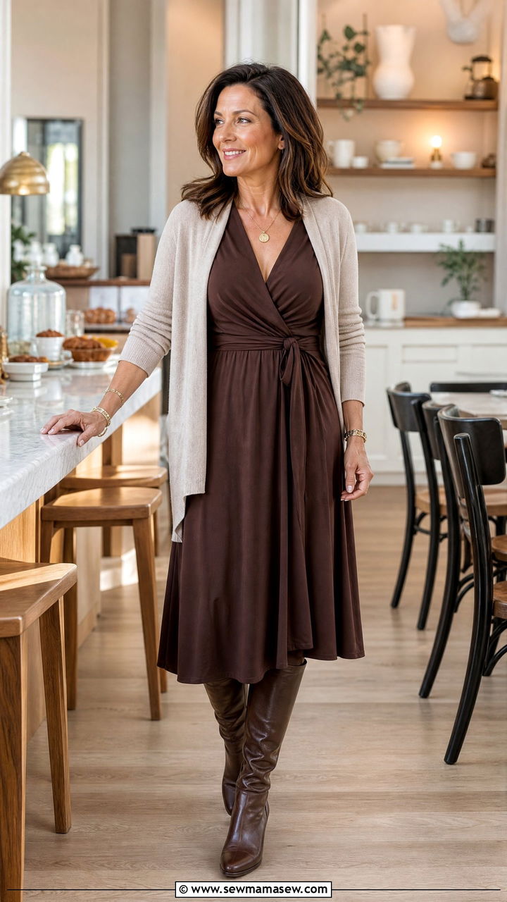 Chocolate Brown Wrap Dress With Knee High Boots - 25 Brunch outfit ideas for women over 50