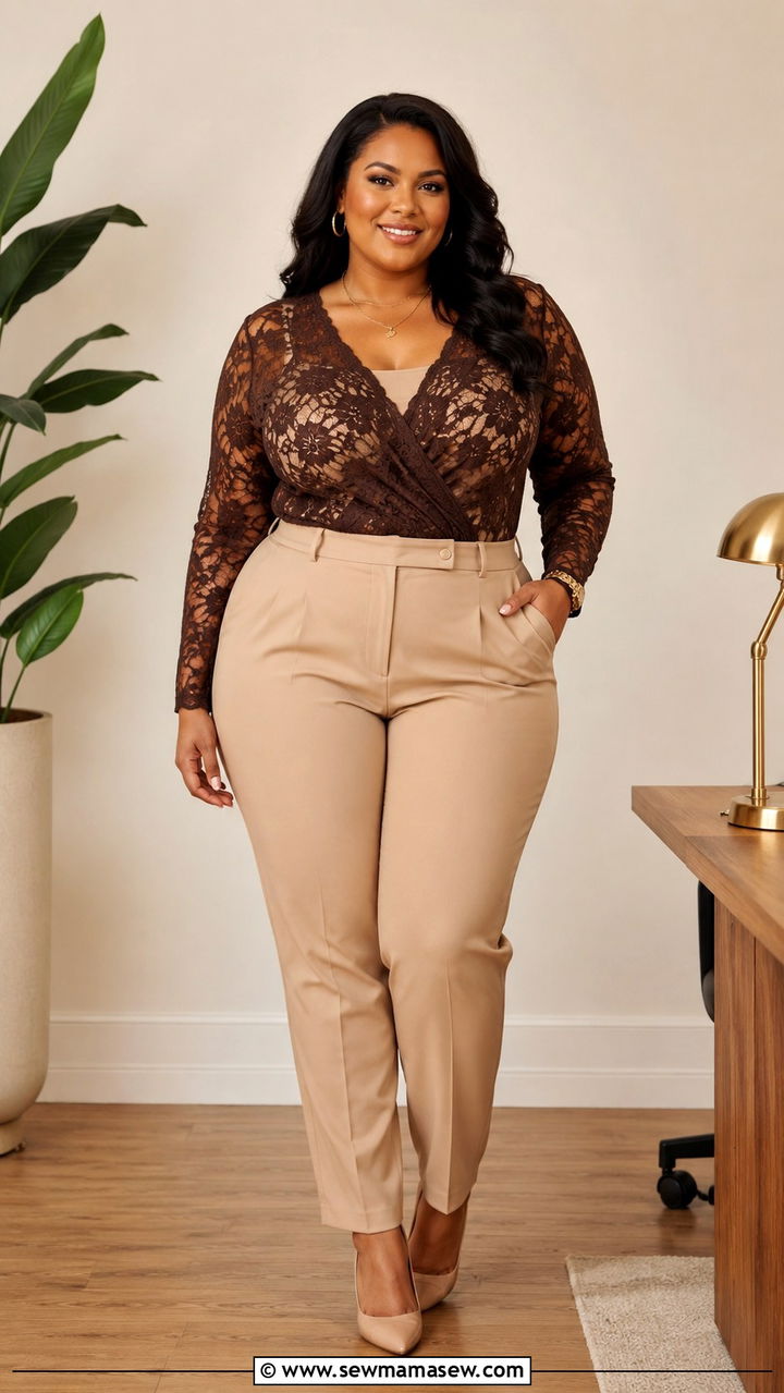 Chocolate Lace Top With Tailored Beige Trousers - 25 Plus size work outfit ideas 2026