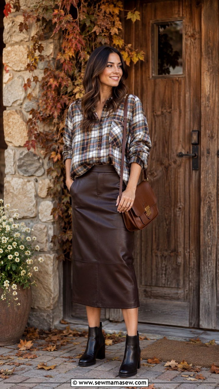 Chocolate Leather Midi Skirt With Plaid Shirt And Heeled Chelsea Boots - 30 Leather skirt outfit ideas with heels