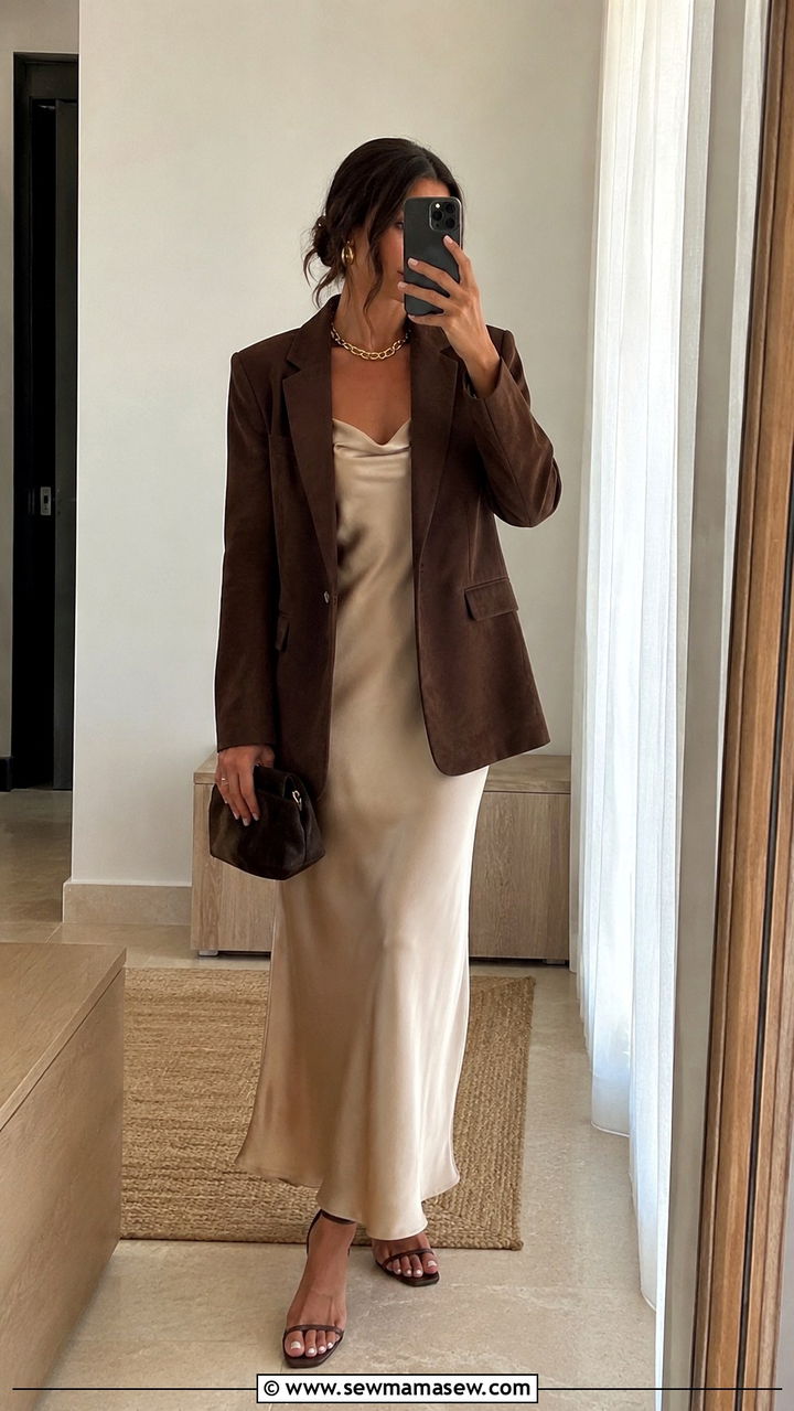 Chocolate Suede Blazer Over Silk Slip Dress - 25 Western outfit ideas for women 2026