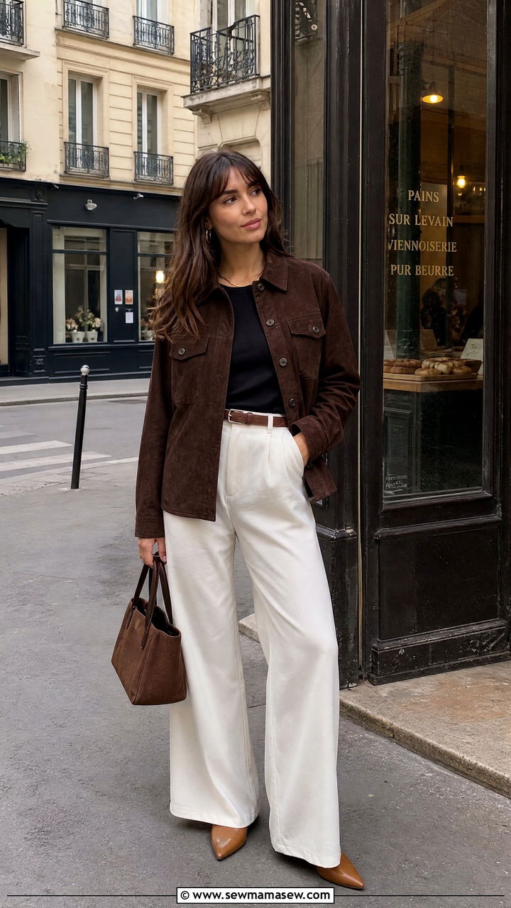 Chocolate Suede Jacket With Ivory Wide Leg Trousers - 30 French girl outfits 2026