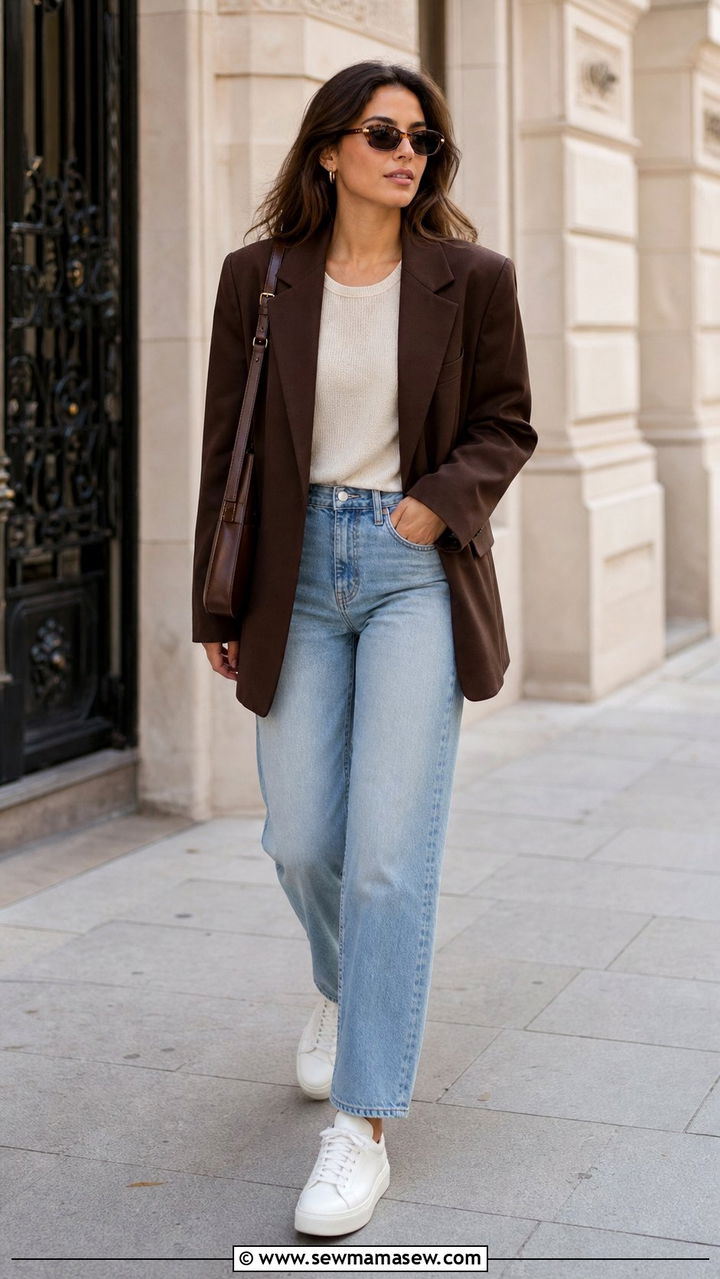 Chocolate brown blazer with jeans outfit - 25 spring chocolate brown outfit ideas