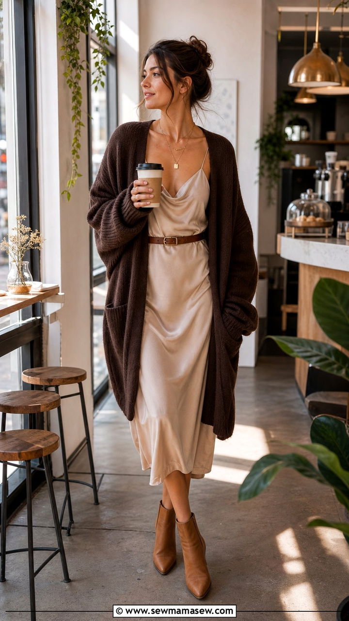 Chocolate brown cardigan with dress outfit - 25 spring chocolate brown outfit ideas