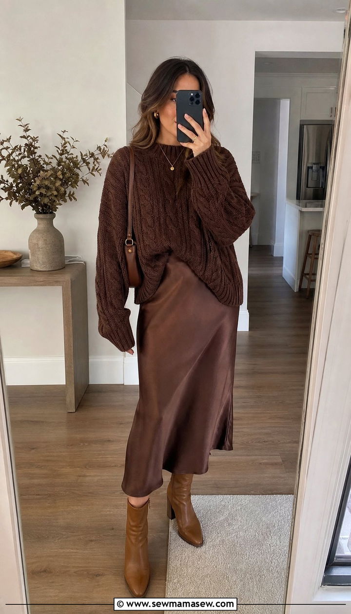 Chocolate brown chunky knit with satin skirt - 25 spring chocolate brown outfit ideas